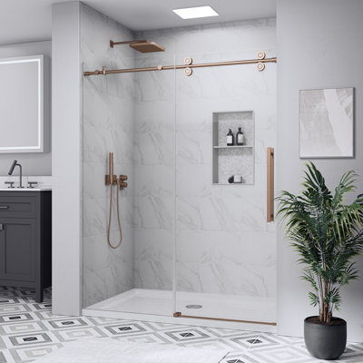 Porte de douche coulissante sans cadre, 101,6 - 106,7 cm (L) x 188 cm (H), en verre trempé de 6 mm (1/4 po), revêtement nano facile à nettoyer pour douche à l'italienne, ouverture et fermeture silencieuses, finition bronze huilé