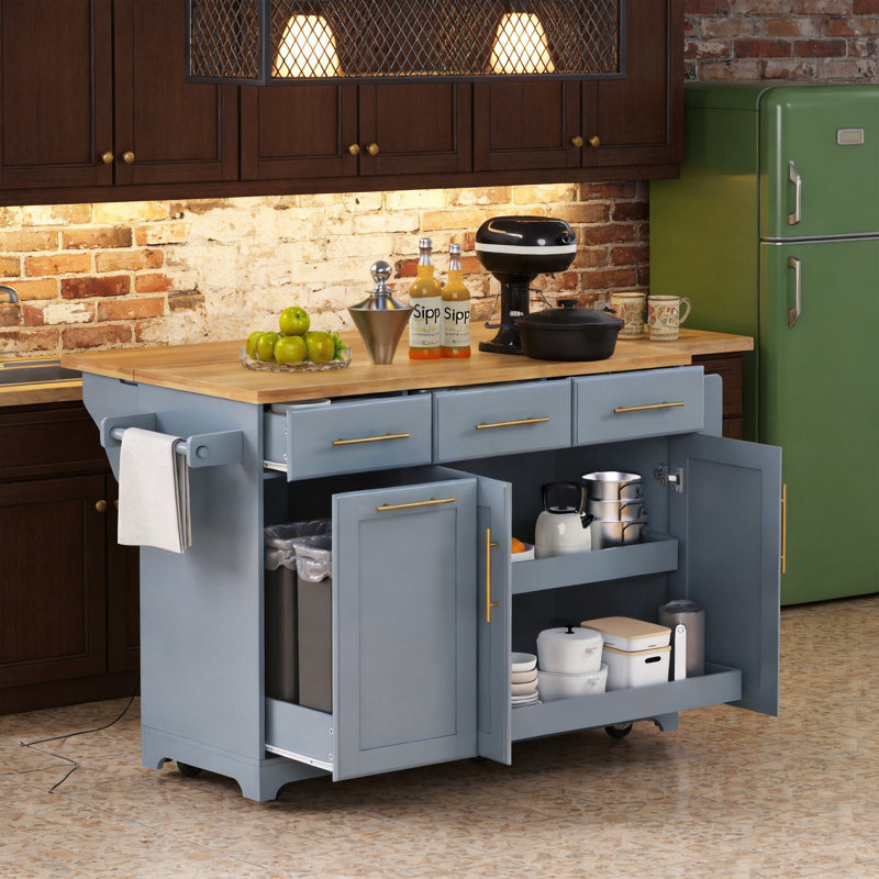 59.3" Black Kitchen Island with Power Outlet & Drop Leaf, Rolling Kitchen Cart with Trash Can Storage & 2 Pull-Out Organizers, Rubber Wood Top Kitchen Island with Spice & Towel Racks