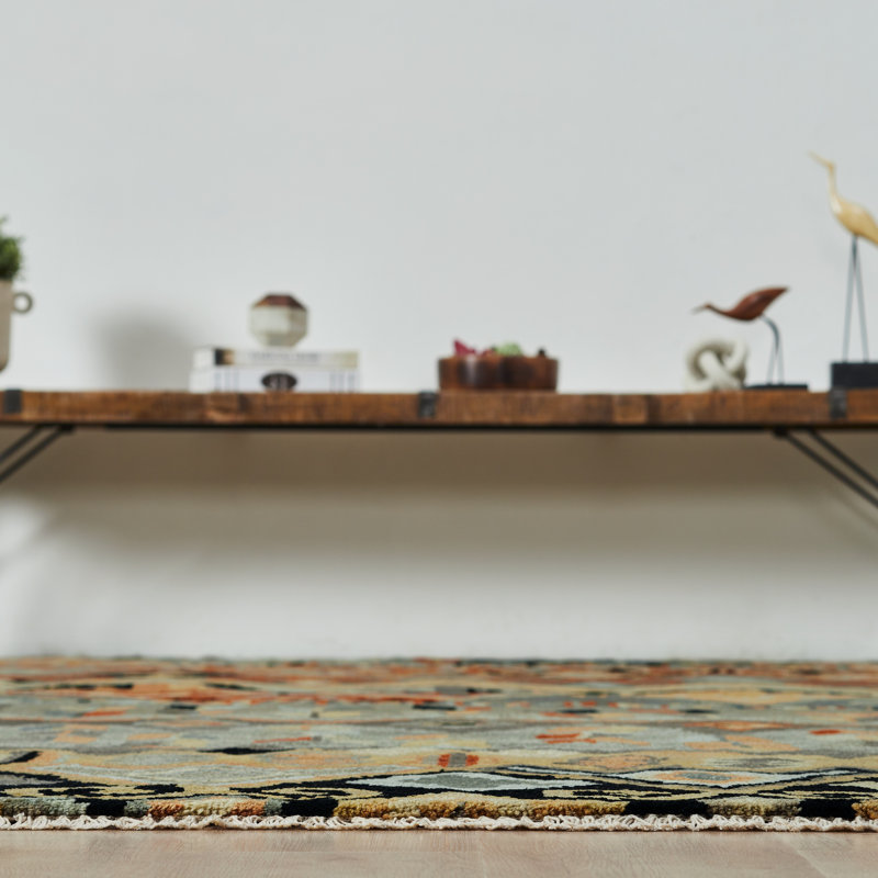 Artisan Hand Knotted Wool Southwestern Area Rug in Steel Blue; Earth; Ivory; Rust, Rectangle 10' x 14'