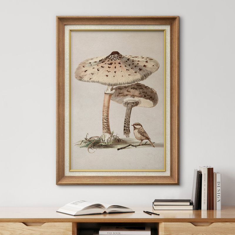 Illustration rétro d'un champignon et d'un oiseau, H 36 po x l 26 po x P 1,5 po, Cadre naturel de qualité supérieure