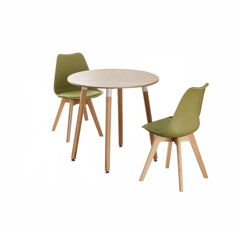 Franconia 2 Person Dining set - a Round Plastic Dining Table with Wooden Legs and a Set of 2 Faux Leather Cushion Padded Dining Chairs for Dining Room - Modern Dining Table Set