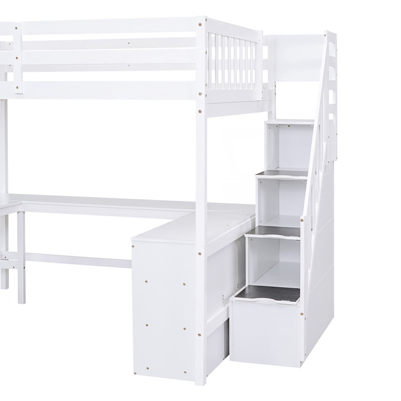 Lit mezzanine double avec bureau intégré en forme de L et tablettes de rangement à trois niveaux, Blanc