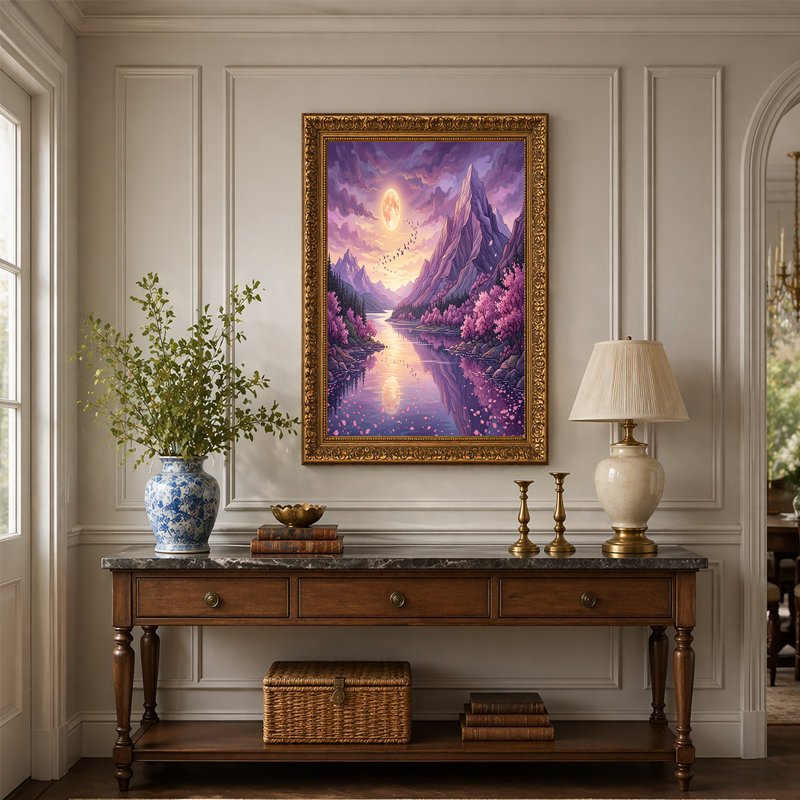 Toile mauve avec lac en fleurs roses et lune, H 20 po x l 30 po