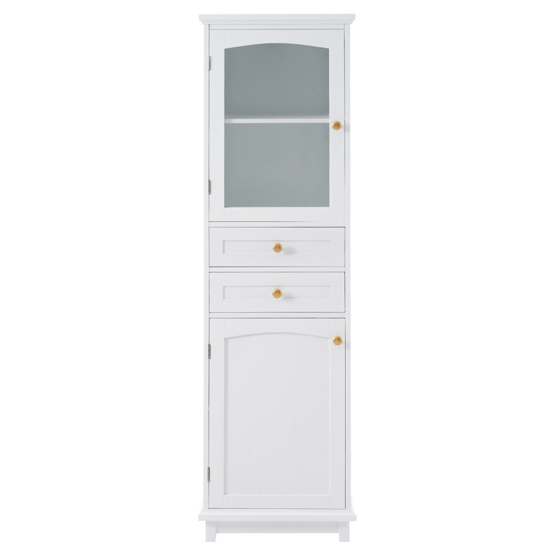 Tall Bathroom Storage Cabinet With Glass Doors, Free-Standing, Two Drawers, And Adjustable Shelves, MDF Board, Painted White - Perfect For Displaying Your Favorite Items