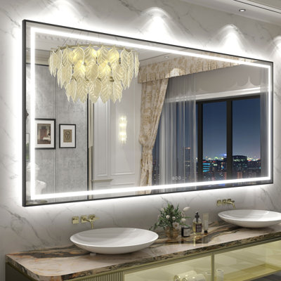 Miroir de salle de bain / meuble-lavabo à cadre en verre trempé à DEL certifié anti-buée Wayfair Basics®