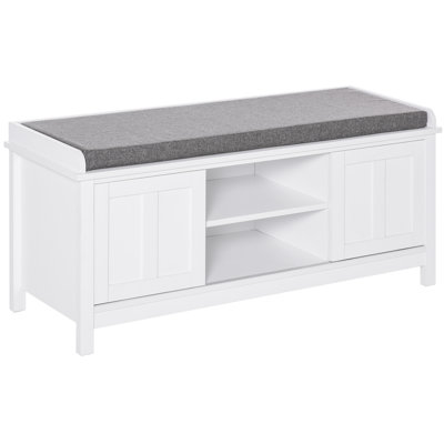 Pouf coffre de rangement pour chaussures d'entrée avec portes coulissantes et tablettes ajustables