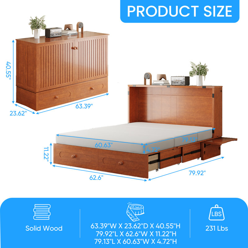 Queen Murphy Bed Cabinet with USB, 2 Drawers (Mattress Not Included), Cherry