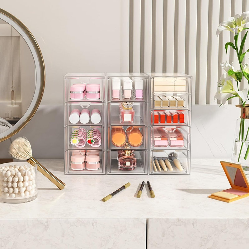 Ensemble de 3 organisateurs de maquillage en acrylique avec 13 tiroirs - Comptoir de salle de bain et tiroirs de rangement pour cosmétiques, fournitures de bureau et plus