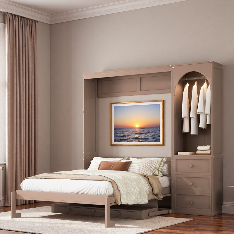Lit escamotable avec tablette Stoarge, bureau, lumière DEL, armoire et 3 tiroirs Murphy, Brown