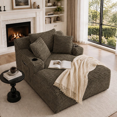 67" Oversized Cloud Corduroy Sleeper Sofa With Side Book Pocket And Armrest Cup Holder