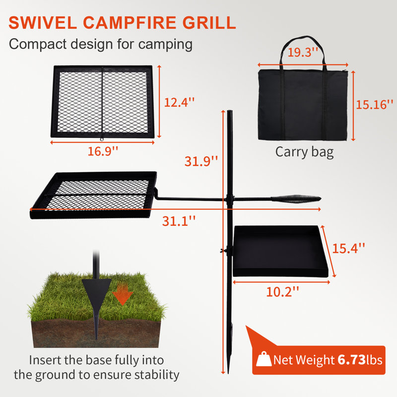 Grille de camping portative pivotante pour barbecue