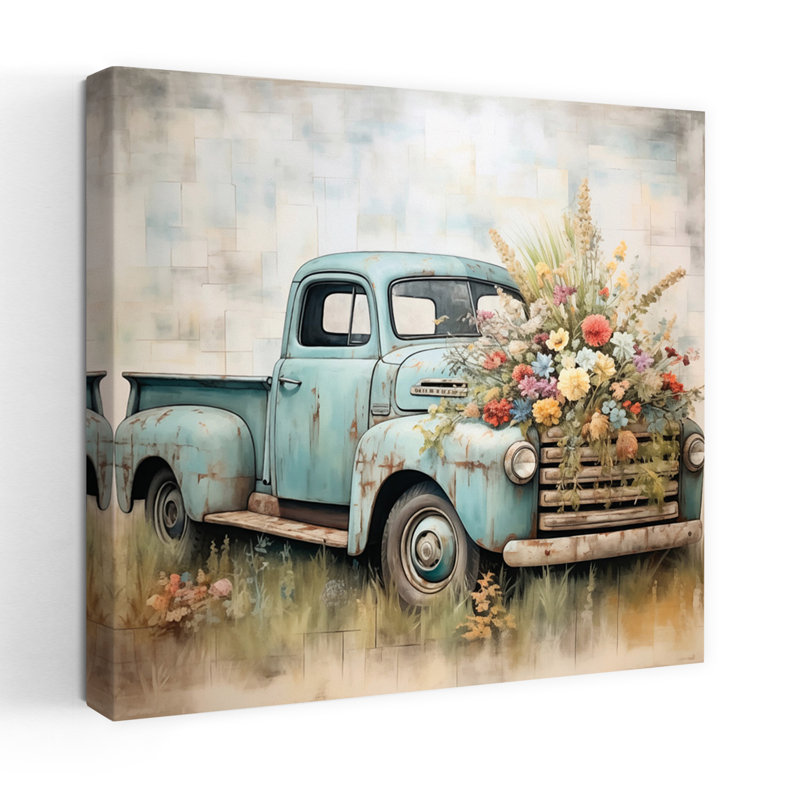 Art contemporain avec pétales et pistons contemporains avec camion, H 32 po x l 32 po