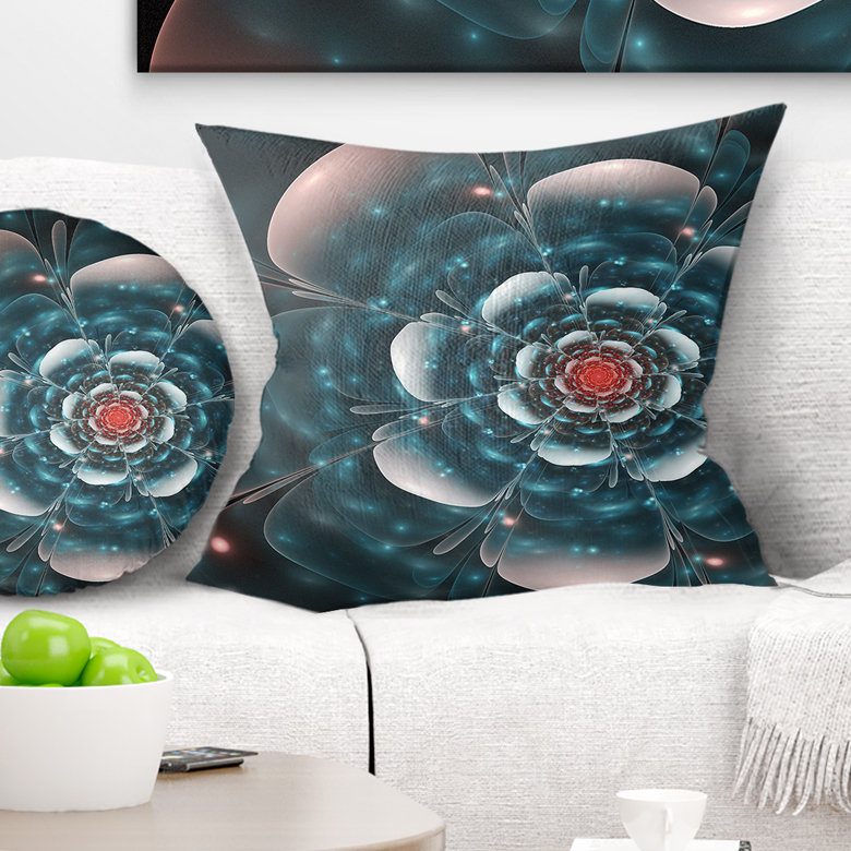 Coussin à imprimé floral fleur pleine fleur bleue fractale, 16 po x 1 po, Coussin décoratif