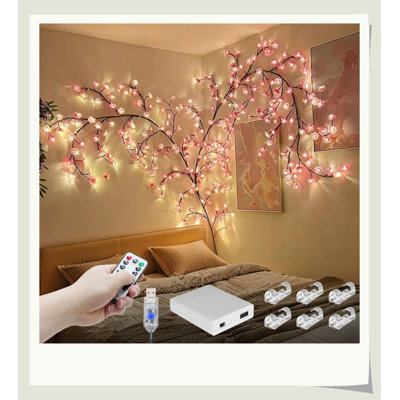 7.55FT Cherry Blossom Willow Branch Lights, 144 LED 24 Bendable Branches With 144 Realistic Sakura, 8 Modes Remote Timer USB/AA Battery Powered, Indoor Outdoor DIY Romantic Lights For Bedroom Wedding Decor