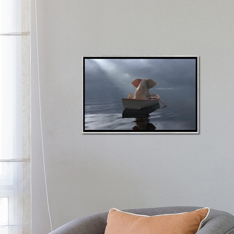 «An Elephant and a Dog Float in a Boat After the Rain» par Mike Kyiv - Reproduction de photo sur toile encadrée, Pas de tapis