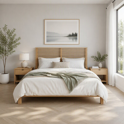 Base de lit plateforme en bois massif de qualité supérieure avec tête de lit à lattes horizontale, mobilier de chambre moderne en bois naturel, capacité de poids de 600 lb, aucun sommier requis, convient à tous les matelas