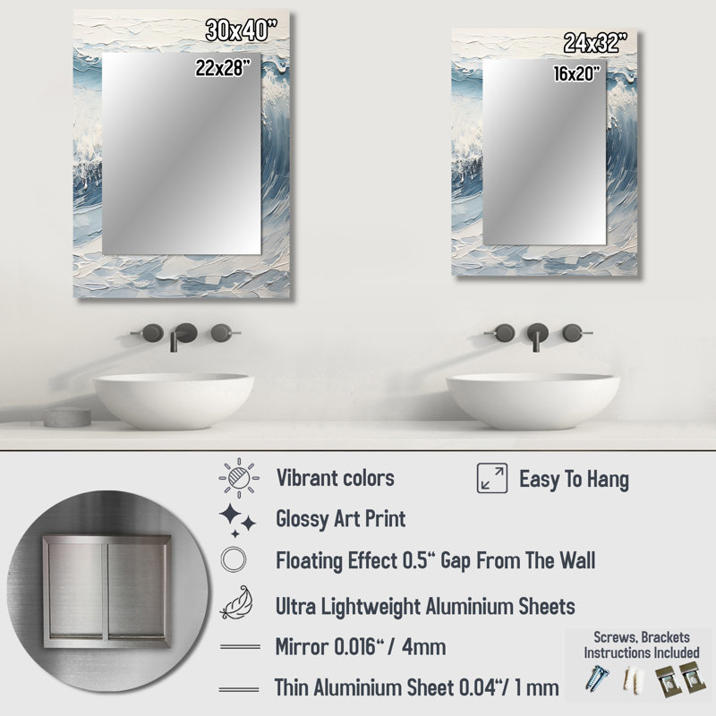 Soft Color Minimal Beach Wave II - miroir mural de plage, miroir décoratif noir, impression d'art en métal, 32 po x 24 po