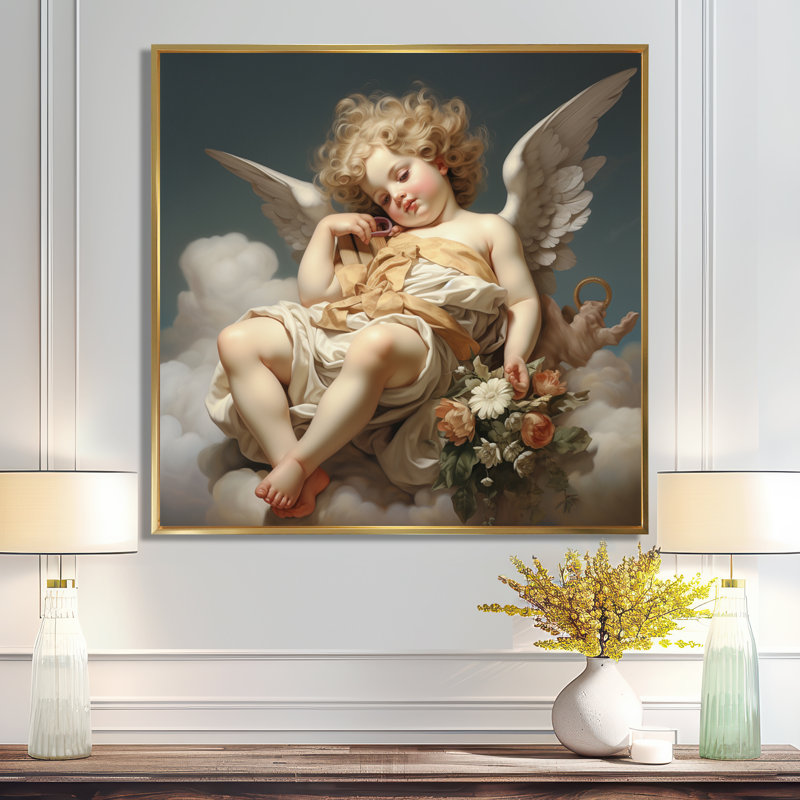 «Cherub Angel Dreaming - Wings Angel», art mural, Cadre flottant doré, H 30 po x l 30 po x P 1 po