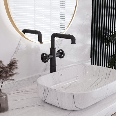 roind Industrial Style Vessel Sink Faucet Round Handle with Vintage Steam Pipe Design