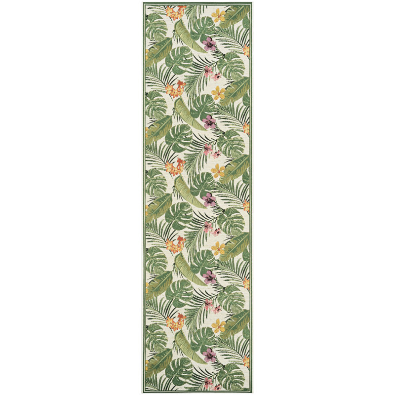Mayshar Floral Ivory Hunter Green Indoor Outdoor Area Rug, Runner 2'3" x 7'10"