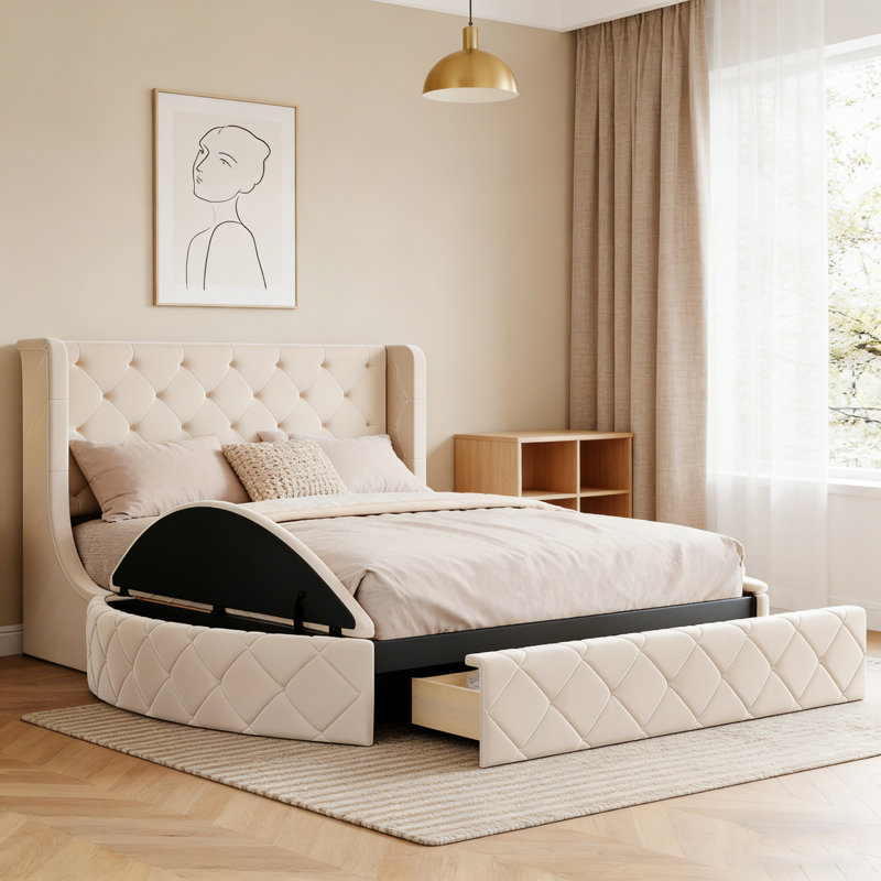 Beige Velvet Upholstered Queen Bed - Wingback Headboard, 1 Big Drawer + 2 Side Storage Stools, Beige