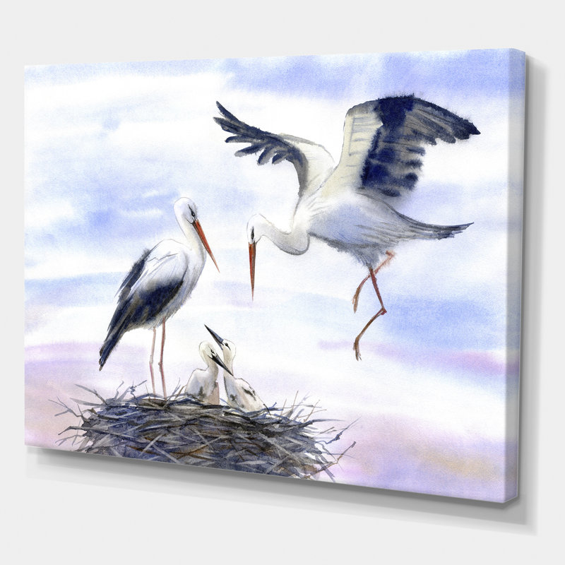 Cigognes dans le nid - Peinture sur toile, Toile tendue, H 24 po x l 32 po x P 1 po