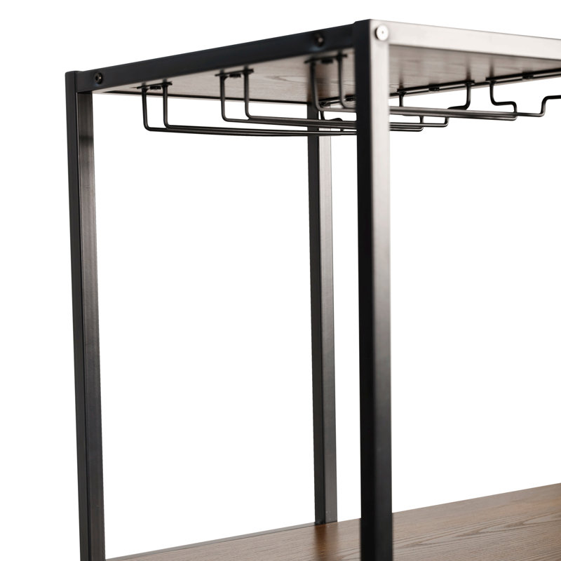 Table de bar moderne en métal avec rangement pour bouteilles et verres à pied Quintavia, Noir / noyer