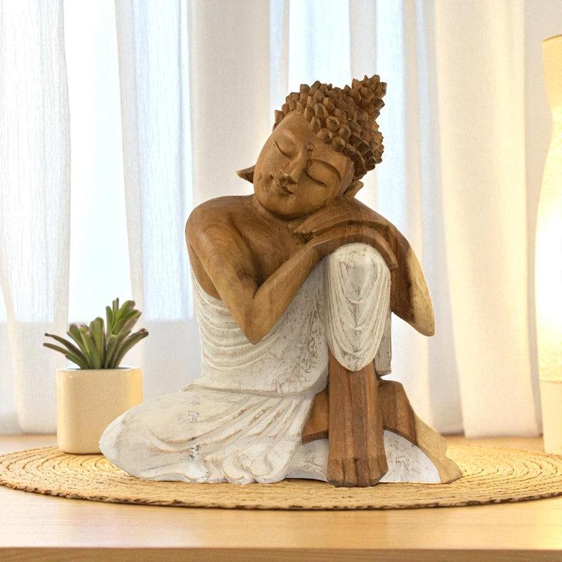 Sculpture en bois de Bouddha endormi à la main, sculpture délavée zen, H 16 po x l 12 po x P 7 po