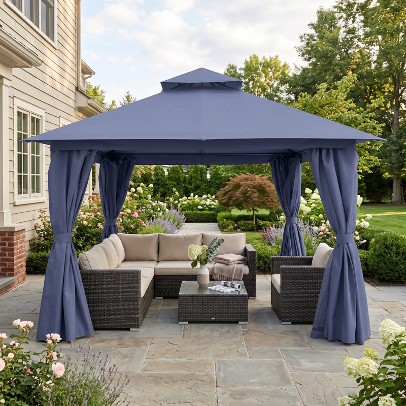 Gazebo d'extérieur 12'x12' avec moustiquaire et rideaux d'intimité, H 8,8 pi x l 12 pi x P 12 pi, Marine