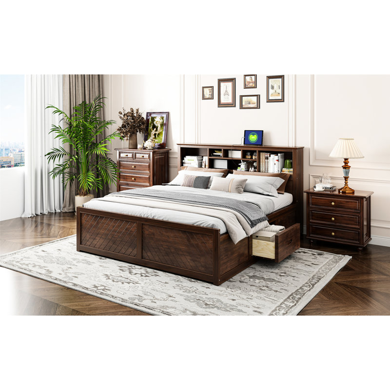 Lit plateforme très grand en bois avec tête de lit à plusieurs tiroirs - construction robuste, couleur antique, tiroirs sans sommier, nécessaire, look élégant