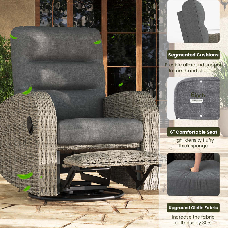 Oversized Wicker Outdoor 360° Swivel Glider Recliner Chair, Patio Adjustable Reclining Lounge Chair With Cushions (set Of 2)