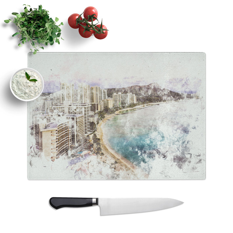 Tempered Glass Dusk View of Waikiki Beach Chopping Board, 28.5 cm x 39 cm