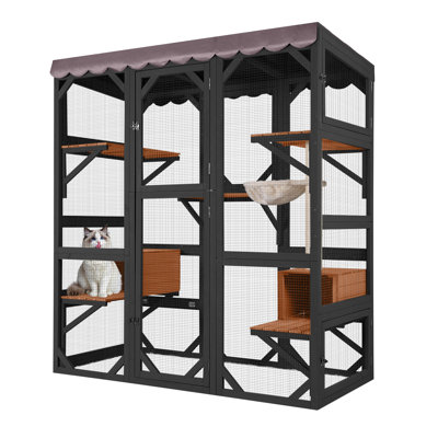 Catio Outdoor Cat Encolsure 70.1" Large Cat House Window Catio Walk in Kitty Shlter with Resting Box,Upgrade Waterproof Cover,Brown