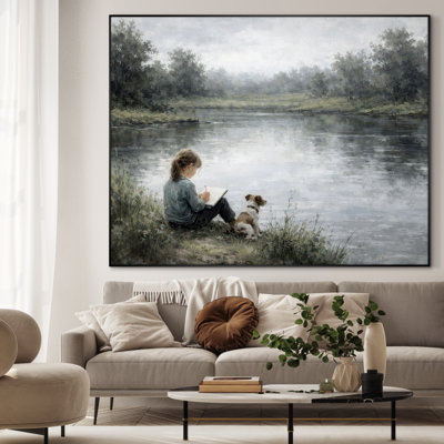 Très grand art mural imprimé sur toile - Garçon et chien, scène de lac rétro, décor de chambre à coucher - "Assemblage requis (cadre non fini)"