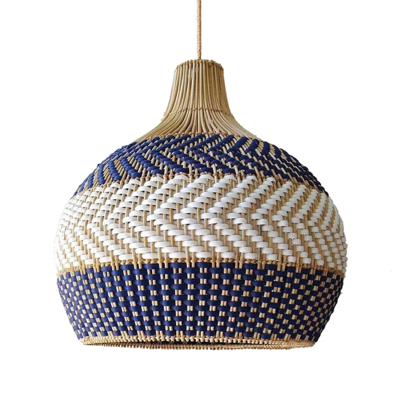 Luminaire suspendu en dôme en rotin Ethereal - luminaire à brancher ou câblé à la main bleu et blanc de 21,5 po et 24 po pour îlot de cuisine, salle à manger ou salon de style bohème, côtier et éclectique