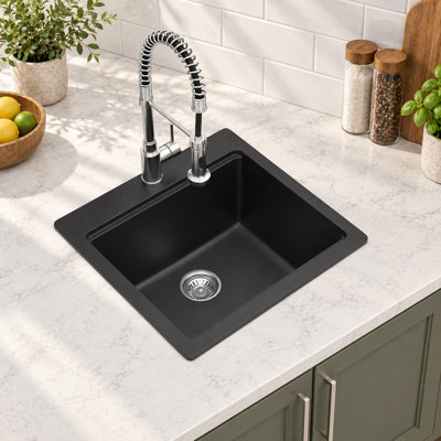 Black Granite Composite Workstation Sink, 20.8 x 19.8 x 9.75 Inch Drop-In Kitchen and Bar Sink