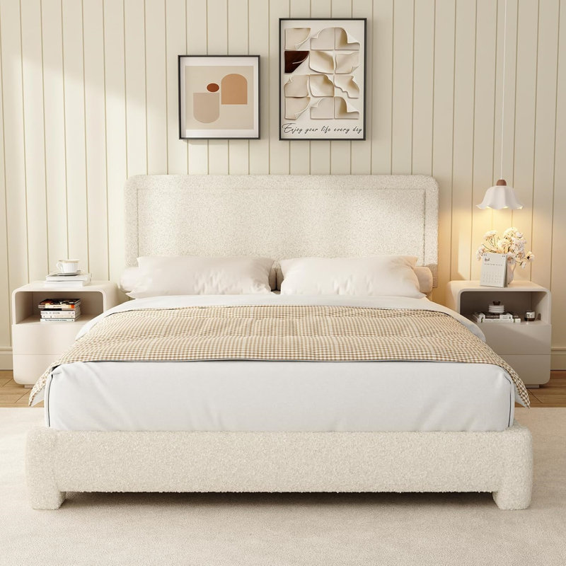 Boucle Bed Frame, Upholstered Cloud Bed Frame, Platform Bed Frame With Headboard, Modern Cream Bed Frame, Queen, Beige