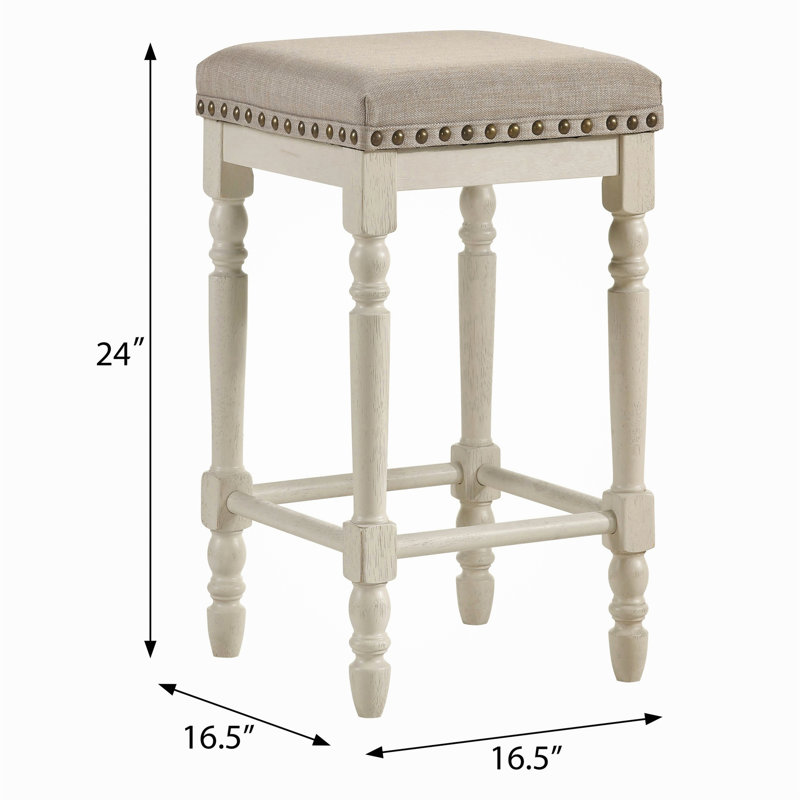 Antique White Wood Counter Height Stool with Beige Upholstery