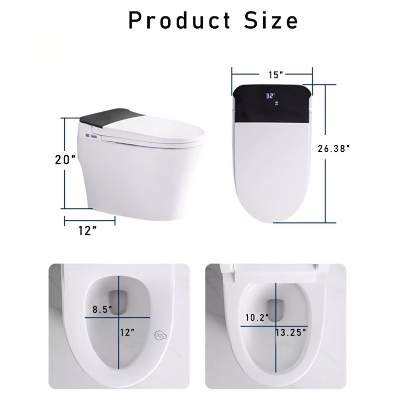 Toilette intelligente avec siège chauffant pour bidet, chasse d'eau automatique, ouverture et fermeture automatiques, siège chauffant à air et à eau, veilleuse, bouton latéral, télécommande sans fil, blanc