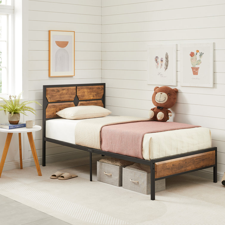 Bed Frame with Wood Headboard and Footboard Metal Platform Bed