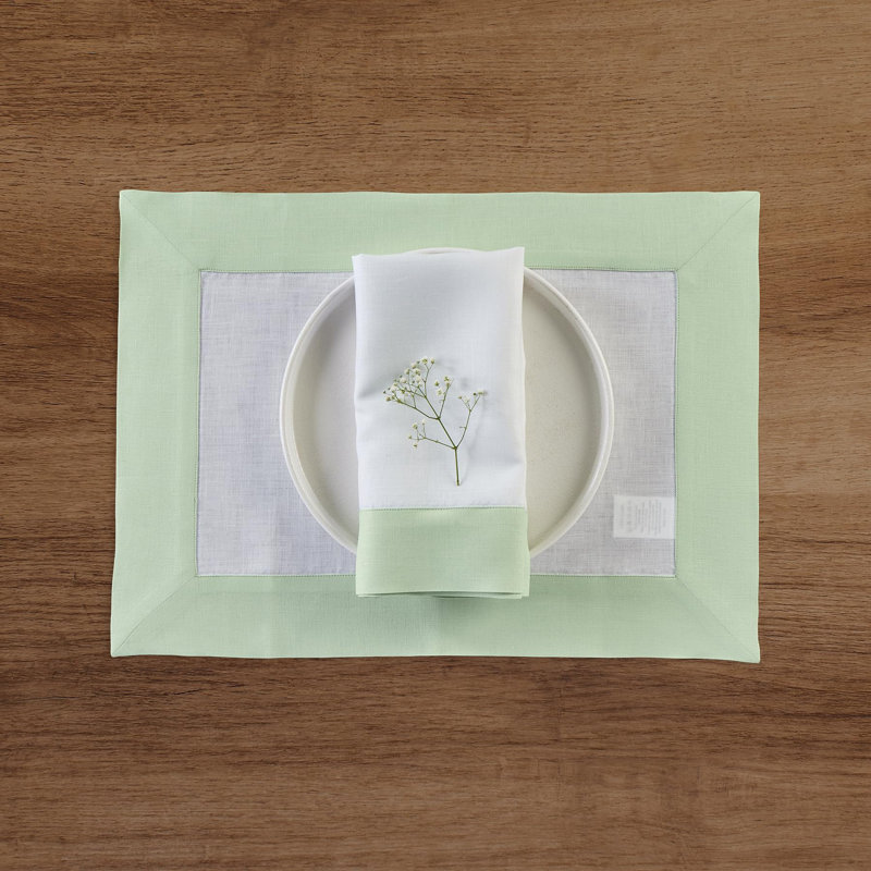 Contempo - 100% Pure Linen Dinner Napkins, Light Green/White