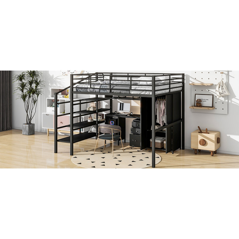 Metal Loft Bed With Table & Wardrobe, Full, Black - Contemporary Craftsmanship, Stable Frame, Abundant Storage Options, Effortless Assembly Processes Full Size And Modern Build, Frame Structure,
