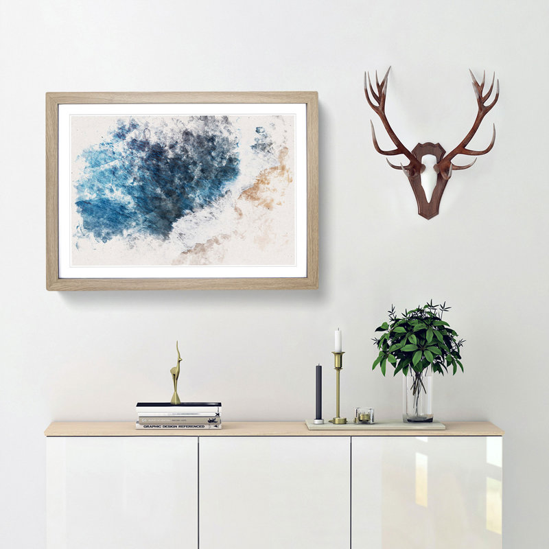 Waves On The Beach In Bali Watercolour - Framed Print, Oak, 35cm H x 50cm W x 2cm D