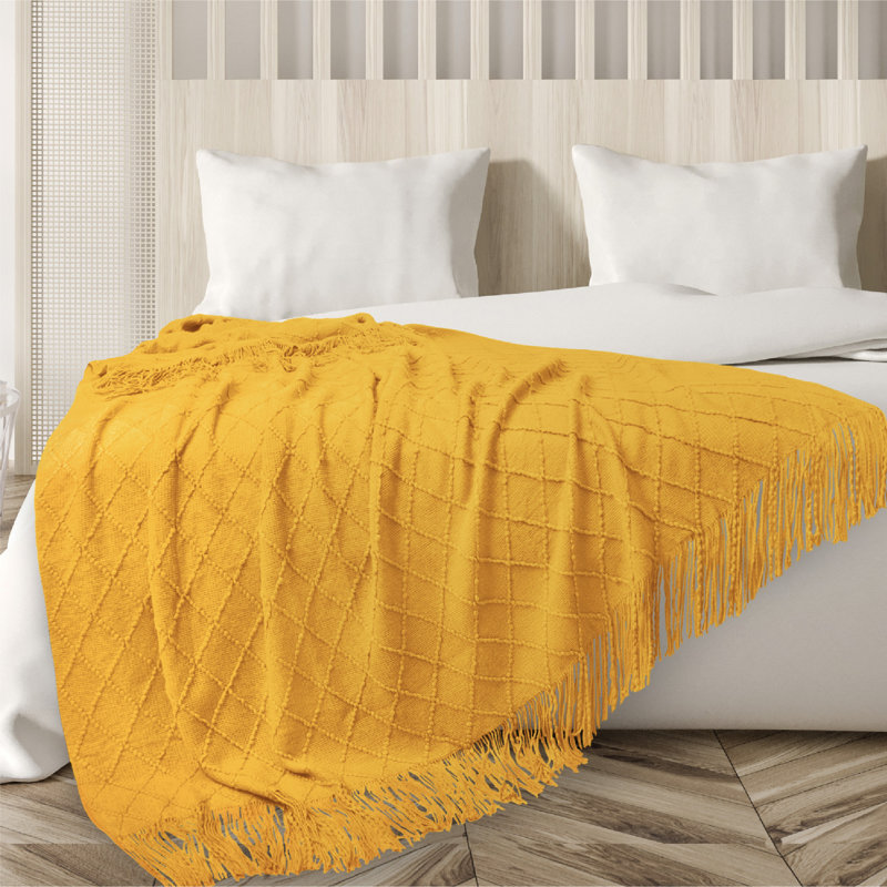 Mustard Yellow Knitted Fleece Reversible Throw Blanket