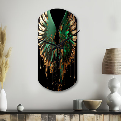 Green And Gold Angel Wings II - Wings Angel Asymmetrical Metal Clock, Gold Cylinder Metal Clock Print