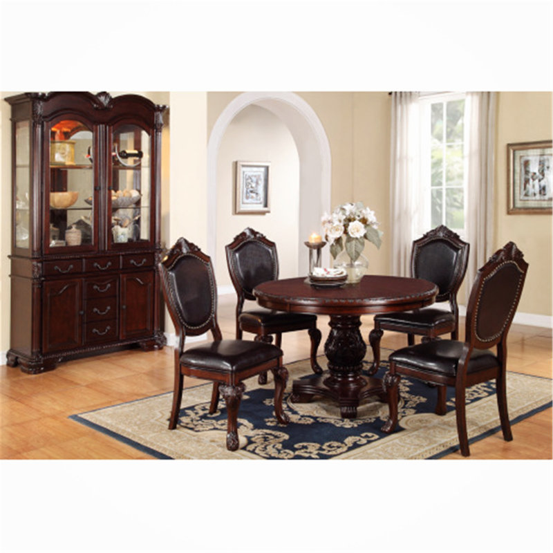 Craine Classic 5-Piece Formal Dining Set with Antique Round Pedestal Table & Faux Leather Chairs - Dark Brown Rubberwood (Table + 4 Side Chairs)