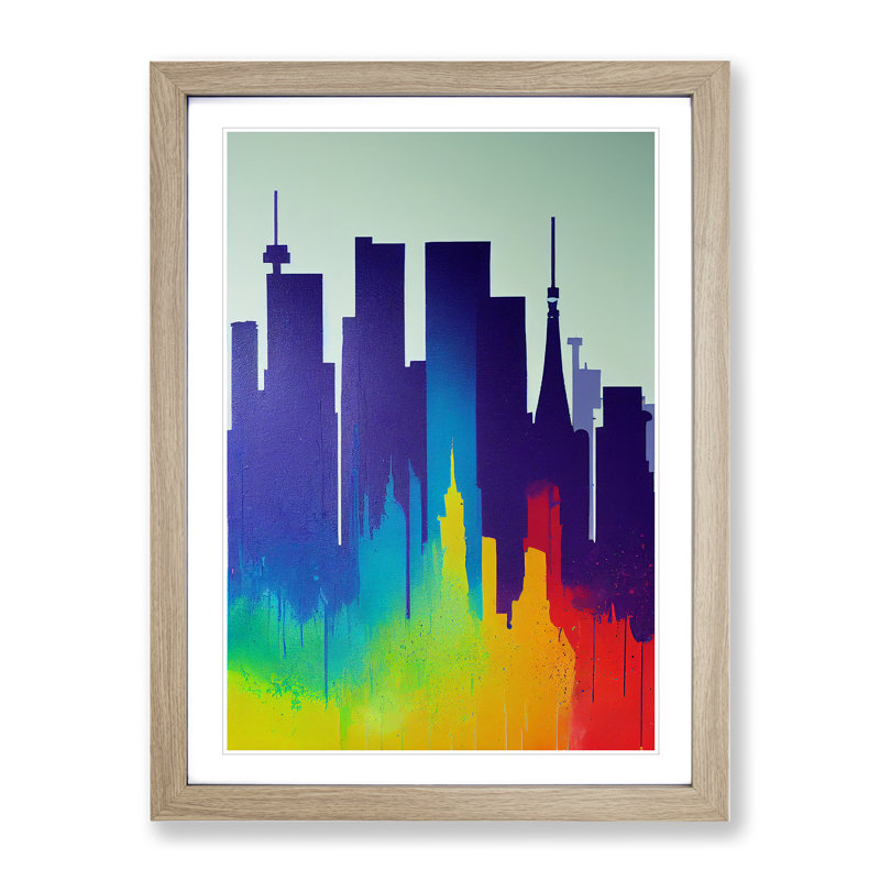 Colourful City Skyline No.5 Abstract - Wall Art, 48cm H x 36cm W, Oak Framed, White