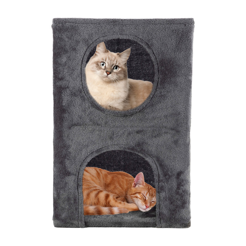 Habitation pour chat à 2 étages pour l'intérieur - lit double pour chat 15,75 po x 23,75 po avec surface recouverte de peluche douce et confortable - cachette pour lit de chaton facile à assembler (gris)