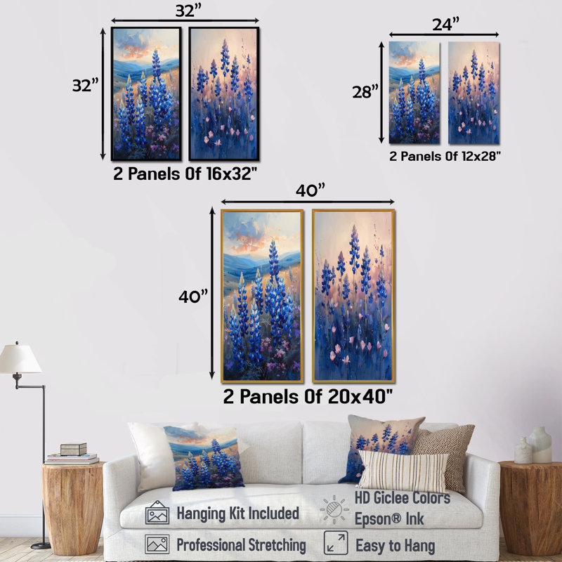 Blue Sunrise Splendor Blue Bonnets I - Blue Bonnets, ensemble de 2 pièces d'art mural, H 28 po x l 24 po, Impression encadrée
