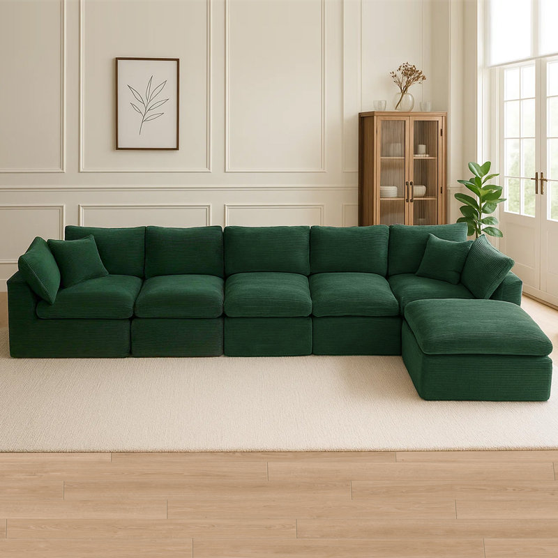 Canapé-lit modulaire en velours côtelé avec housse, Velours côtelé vert, H 26,4 po x l 156,7 po x P 77,2 po